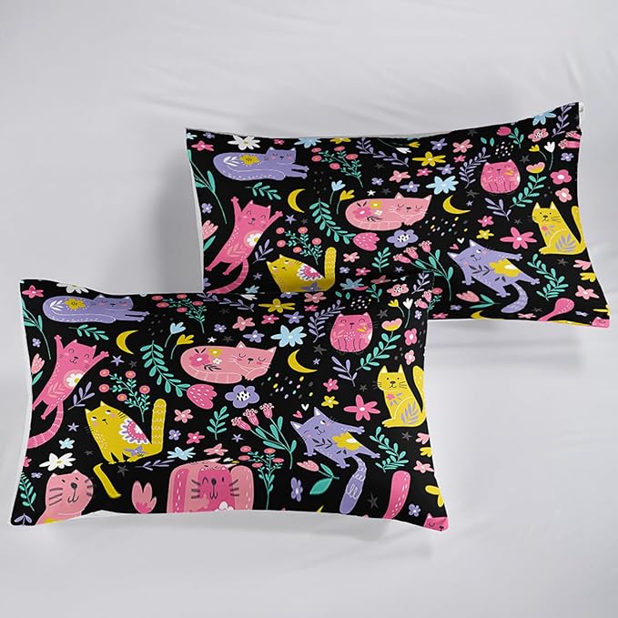 Floral Cat Comforter Twin Size,Black Cats Comforter Set for Kids Teens Girls,3Pcs Bedding Set Printed Comforter with 2 Pillowcases,Down Alternative,Soft and Lightweight(Black，Twin Size)