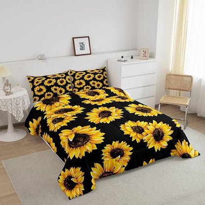 Erosebridal Yellow Sunflowers Bedding Black Yellow Comforter Set Gold Yellow Sunflowers Printed Luxury Black Boys Girls Bedding Sets Twin 1 Down Comforter 2 Pillowcases (King, Black Sunflowers)