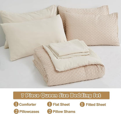 Queen Size Kids Comforter Set for Girls 7 Piece Beige Boho Tufted Kids Bedding Set for Boys Bed in A Bag Quilt Set with 1 Comforter,1 Flat Sheet, 1 Fitted Sheet, 2 Pillowcase and 2 Pillow Sham