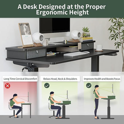 FEZIBO 40 x 24 Inch Height Adjustable Electric Standing Desk with Double Drawer, Stand Up Desk with Storage Shelf, Sit Stand Desk, Black