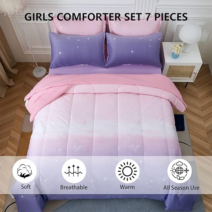 Girls Comforter Set Queen Size 7 Pieces Bed in A Bag Ombre Pink Purple Rainbow Bedding Set Collections for Teen Women (1 Comforter, 1 Flat Sheet, 1 Fitted Sheet, 2 Pillow shams, 2 Pillowcases)