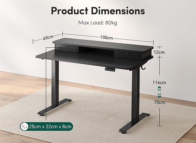 FEZIBO 40 x 24 Inch Height Adjustable Electric Standing Desk with Double Drawer, Stand Up Desk with Storage Shelf, Sit Stand Desk, Black