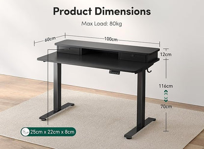 FEZIBO 40 x 24 Inch Height Adjustable Electric Standing Desk with Double Drawer, Stand Up Desk with Storage Shelf, Sit Stand Desk, Black