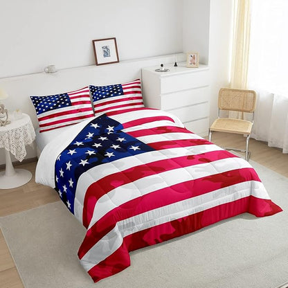 Feelyou American Flag Bedding Set Camouflage USA Flag Comforter Set Army Camo Flag Comforter Blue Red White Stars Comforter for All Season Room Decor King Size Boys