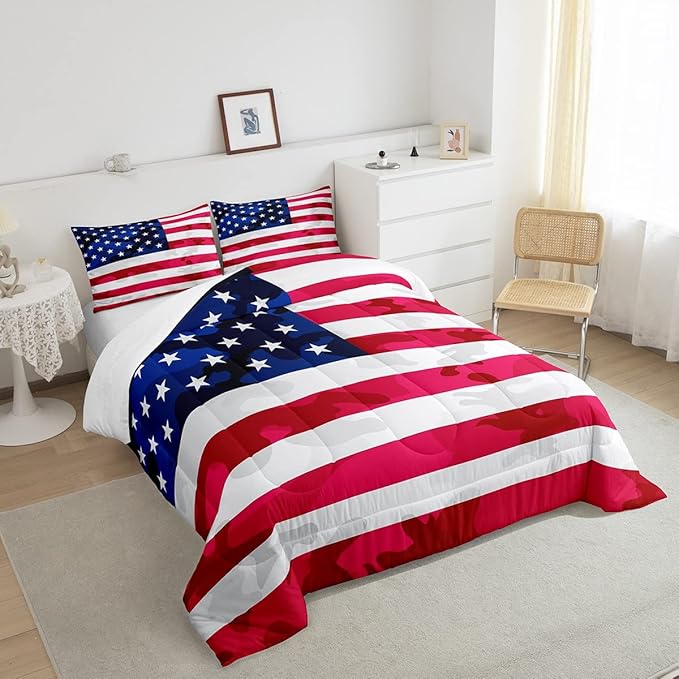 American Flag Bedding Set Camouflage USA Flag Comforter Set Army Camo Flag Comforter Blue Red and White Stars Down Alternative Comforter for All Season Room Decor Full Size