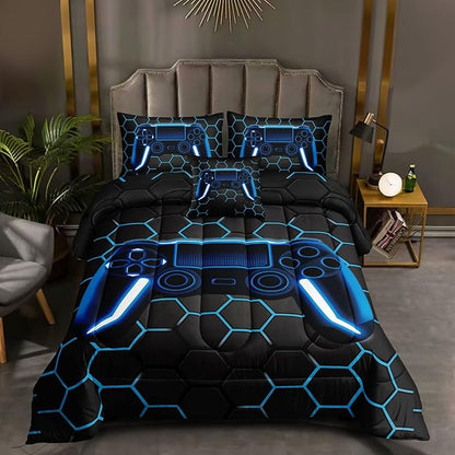 6 Pieces Gaming Bedding Set for Boys Gamer Comforter Set Full Size,Game Controller Comforter for Boys Kids Teen 3D Gamepad Microfiber Bedding Sets 6 Pieces Bed in A Bag Sets-H50022,Full