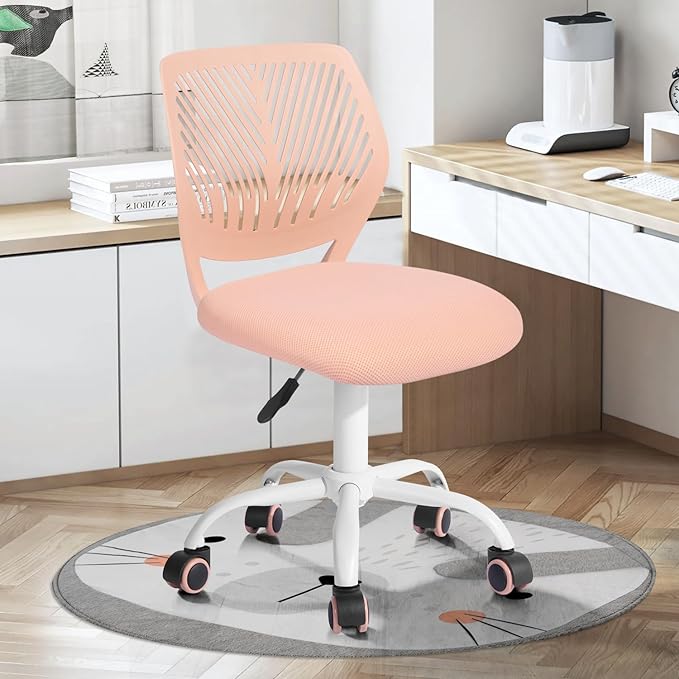 FurnitureR Desk Chair Small Study Chairs Armless for Child Kids Teens, Swivel Rolling Lightweight Task Chair with Wheels and Mesh Padded Cushion, Orange Rose