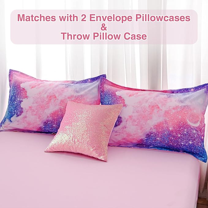 A Nice Night Galaxy Bedding Sets Outer Space Comforter 3D Printed Space Quilt Set Queen 6Pcs Glitter Pink,for Children Boy Girl Teen Kids