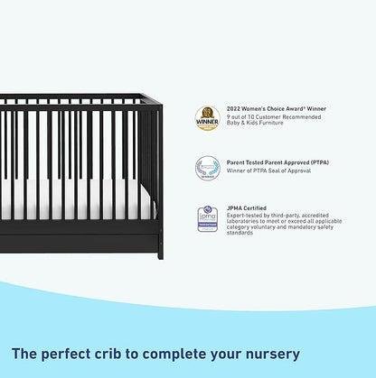 Graco Teddi 5-in-1 Convertible Crib with Drawer (Black) – GREENGUARD Gold Certified, Crib with Drawer Combo, Full-Size Nursery Storage Drawer, Converts to Toddler Bed, Daybed and Full-Size Bed