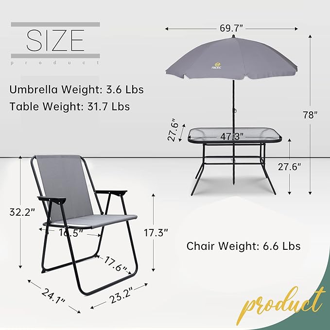 Nice C Outdoor Dining Sets, Patio Furniture Set, 8 Piece Set with Umbrella, Garden Outdoor Furniture Table Set with Tilted Removable Umbrella, Glass Table, and 6 Folding Chairs (Grey)