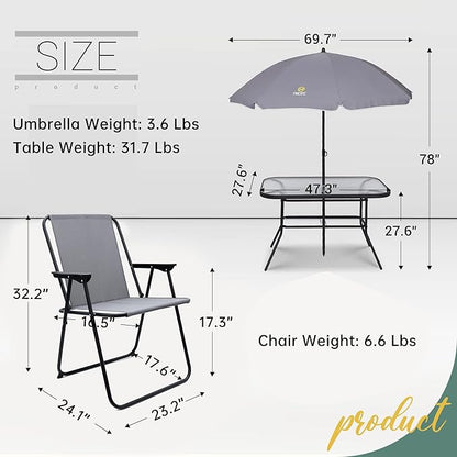 Nice C Outdoor Dining Sets, Patio Furniture Set, 8 Piece Set with Umbrella, Garden Outdoor Furniture Table Set with Tilted Removable Umbrella, Glass Table, and 6 Folding Chairs (Grey)