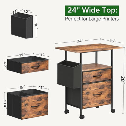 Mobile File Cabinet, 2 Fabric Drawer Filing Cabinet with Side Bag, Rolling Storage Organizer for Home Office, Vertical Printer Stand, Fits A4/Letter Size (Rustic Brown)