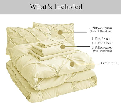 LANE LINEN Twin Comforter Set – 5 Piece Bed in a Bag – Pinch Pleated Twin Size Bedding Set with Comforter, Flat Sheet, Fitted Sheet, Pillowcase & Sham – Soft Pintuck Bed Set - Vanilla