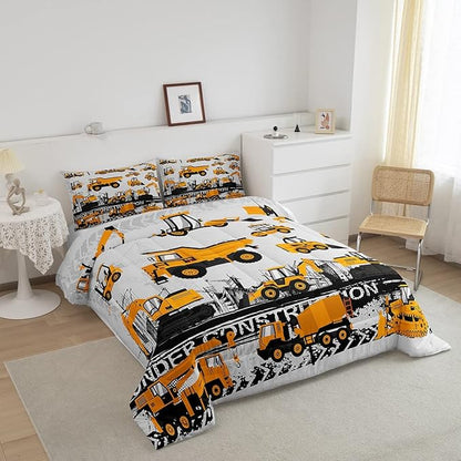 Feelyou Under Construction Comforter Set Vehicles Truck Car Bedding Set for Kids Boys Girls Cartoon Excavator Comforter Room Decor Machinery Bulldozer Crane Duvet Set King Size Boys