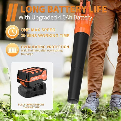 Leaf Blower 20V Leaf Blower Cordless with 4.0Ah Battery and Charger, High Power 400 CFM Electric Leaf Blower, Lightweight Handheld Cordless Blower for Lawn Care Yard Patio Garden Leaves Snow (Orange)
