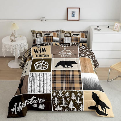 Rustic Farmhouse Kids Comforter Set Full Size,Deer Antlers Bear Paws Plaids Patchwork Bedding Set for Boys Girls Adults Room Decor,Pine Trees Xmas Down Comforter,Brown Duvet Insert,2 Pillowcases