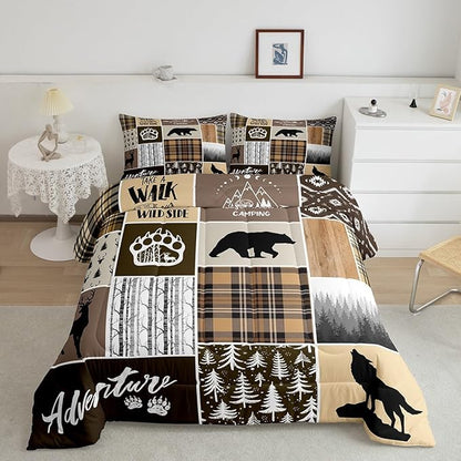 Rustic Farmhouse Kids Comforter Set King Size,Deer Antlers Bear Paws Plaids Patchwork Bedding Set for Boys Girls Adults Room Decor,Pine Trees Xmas Down Comforter,Brown Duvet Insert,2 Pillowcases