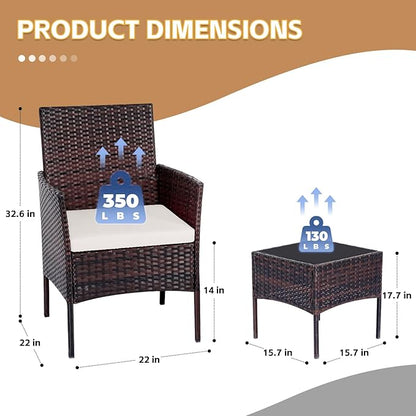 Patio Set 3 Piece Outdoor Rattan Porch Furniture with Tempered Glass Side Table & Cushion All Weather Conversation Bistro Set for Balcony,Deck,Porch (Brown/Beige)