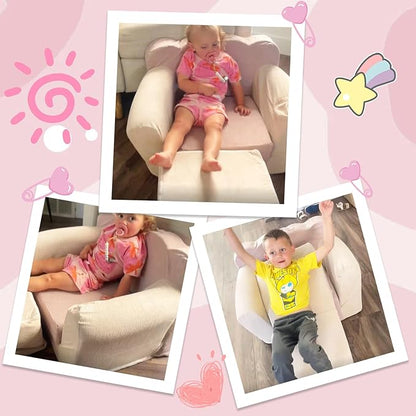 3-in-1 Toddler Chair Comfy Kids Sofa Chair,Toddler Couch Fold Out with Folding Ottomans,Foldable Baby Couch for Girls and Boys,Convertible Kids Chair Cozy to Lounger Pull Out for Playroom,Beige Pink