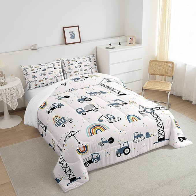 Toddler Cute Cars Bedding Set Cartoon Excavator Kids Comforter Set Boys Construction Vehicles Comforter Equipment Trucks Duvet Set Rainbow Room Decor Tractor Quilt Set Twin Size With 1 Pillow Case