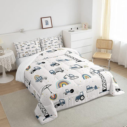 Feelyou Cute Cars Bedding Set Cartoon Excavator Kids Comforter Set Boys Construction Vehicles Comforter Equipment Trucks Duvet Set Rainbow Room Decor Tractor Quilt King Size with 2 Pillow Case Boys