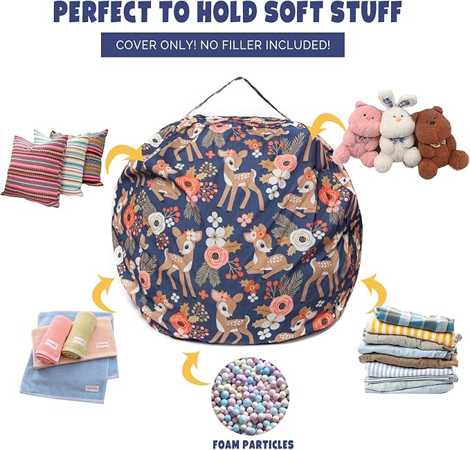 Stuffed Animal Storage Bean Bag Chair Cover, Hold Kids Plush Toys Blankets Towels Beanbag (Cover Only), Canvas Floor Circle Stuff Sit Seat Sofa with YKK Zipper, Large 32", Fawn