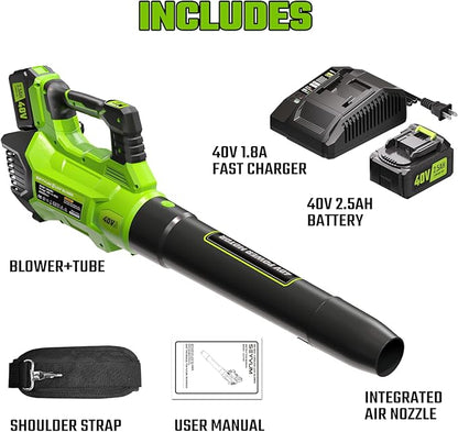 SEYVUM 40V Leaf Blower Cordless - 600CFM 165MPH, Electric Leaf Blower with Upgrade 40V 2.5Ah Battery & Charger, Leaf Blower for Lawn Care with Shoulder Strap - 3 Speed Mode for Leaf/Dust/Snow Blowing