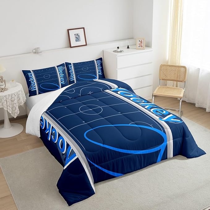 Feelyou Kids Hockey Player Comforter Set Queen Size Ice Hockey Bedding Set for Boys Girls Teens Bedroom Decor Ice Sports Games Comforter Puck Hockey Duvet Set with 2 Pillow Case