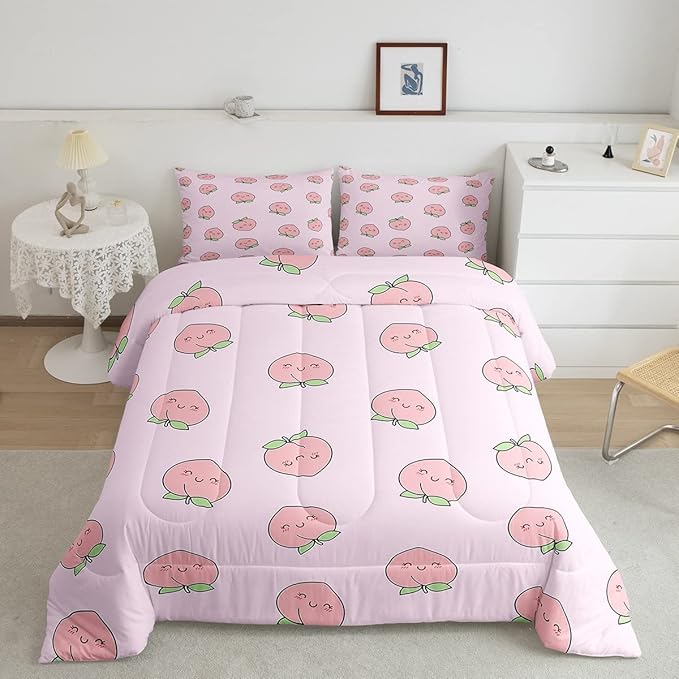 Cartoon Comforter Set Twin Size Pink Peach Bedding Set Kid Kawaii Down Comforter Girl Lovely Peach Duvet Set Cute Fruits Comforter Tropical Plant Bedding Reversible Soft Lightweight Room Decor