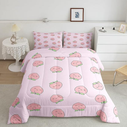 Erosebridal Peach Comforter Set Queen for Girls Women Kids Cute Cartoon Red Fruit Printed Reversible Bedding Set Kawaii Decor Soft Warm Quilt Duvet Set Pink Nature Plant Comforter