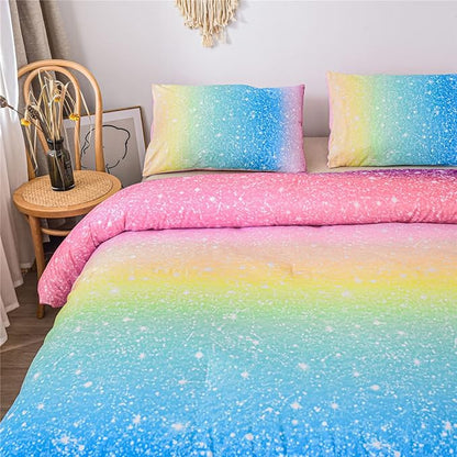 Holawakaka Kids Space Star Glitter Comforter Set Ombre Multi-color Print Gradient Bedding Set Full Size (Multi-color, Full)