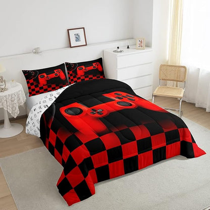 Gamer Comforter Set for Boys Teen Gaming Bedding Set Video Game Controller Home Decor for Men Child Buffalo Plaid Check Down Comforter Full Size 3 Pcs Duvet Set with 2 Pillow Shams,Black Red Geometric