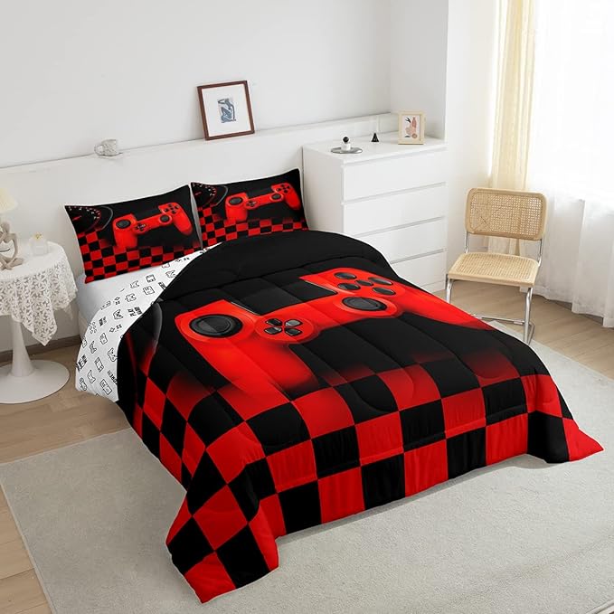 Gaming Comforter for Boys Teen,Game Controller Bedding Set for Kids,Down Alternative Comforter for All Season,Gamer Home Decor for Young Man Comforter Set with Buffalo Check Plaid Duvet Quilted,Queen