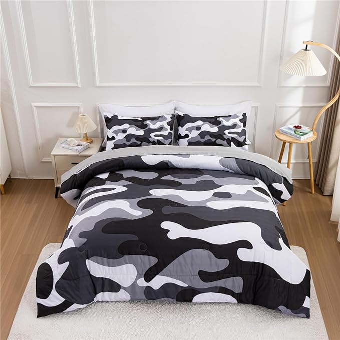 Meeting Story Camouflage Bedding Set, Colorful Pattern Style Comforter Set, 5 PCS One Comforter Two Pillowcases Two Sheets in One Bag, All Season Bedspread for Teens Adults (Grey,Twin5pcs