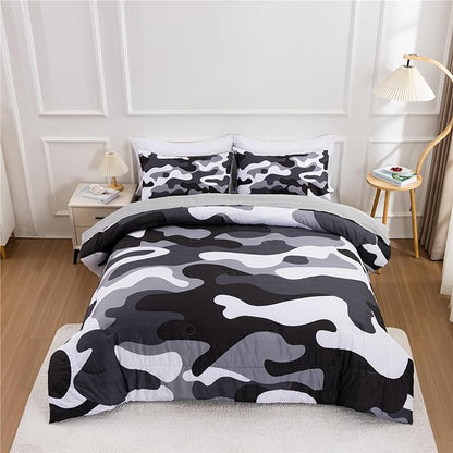 Meeting Story Camouflage Bedding Set, Colorful Pattern Style Comforter Set, 5 PCS One Comforter Two Pillowcases Two Sheets in One Bag, All Season Bedspread for Teens Adults (Grey,Twin5pcs