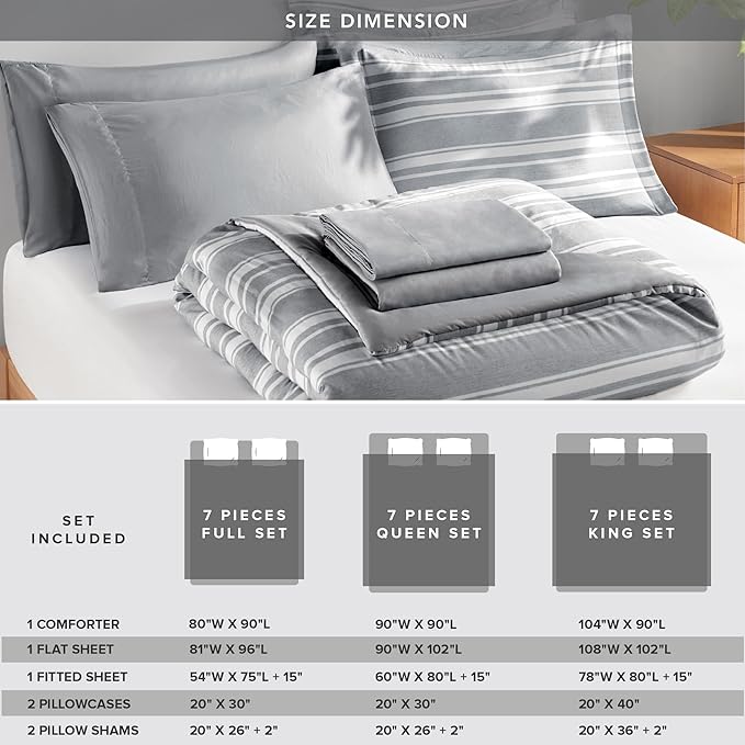 King Size Bed in a Bag, Full Bedding Sets, Modern Farmhouse Grey and White Striped Comforter with Sheets, 7-Piece Complete Bedroom Set