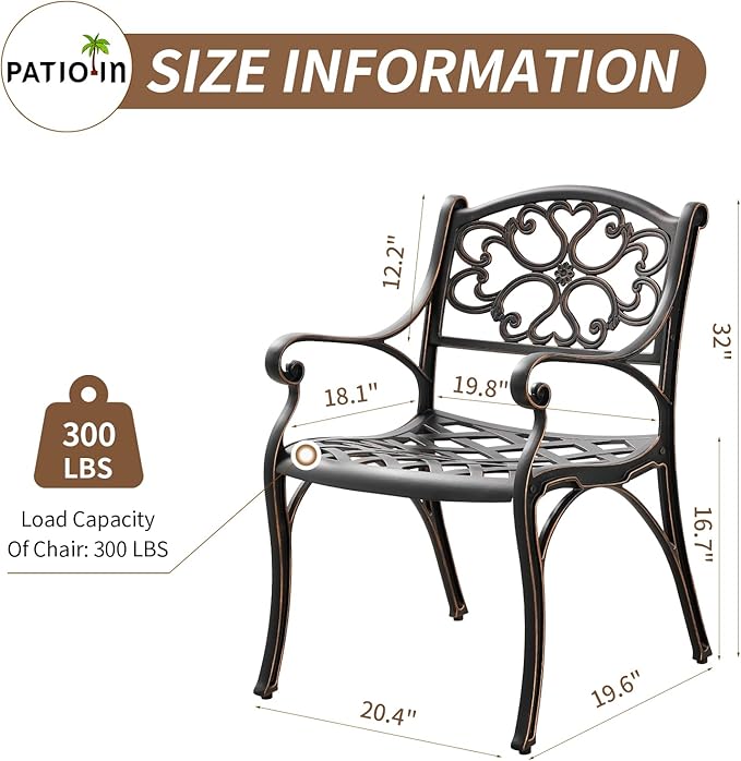 Cast Aluminum Patio Dining Set, Outdoor Bistro Set, 31.5"" Round Patio Table with Umbrella Hole, 2 Patio Chairs for Yard Porch Garden Balcony, Bronze 4