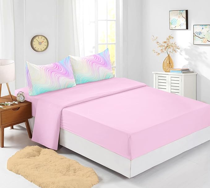 7PCS Girls Comforter Sets Twin,Pink Comforter,Girls Bed Sets Twin,Bed in a Bag with Flat Sheet and Fitted Sheet,Pillowcases,Cushions for Girls,Pink Twin Bedding Sets