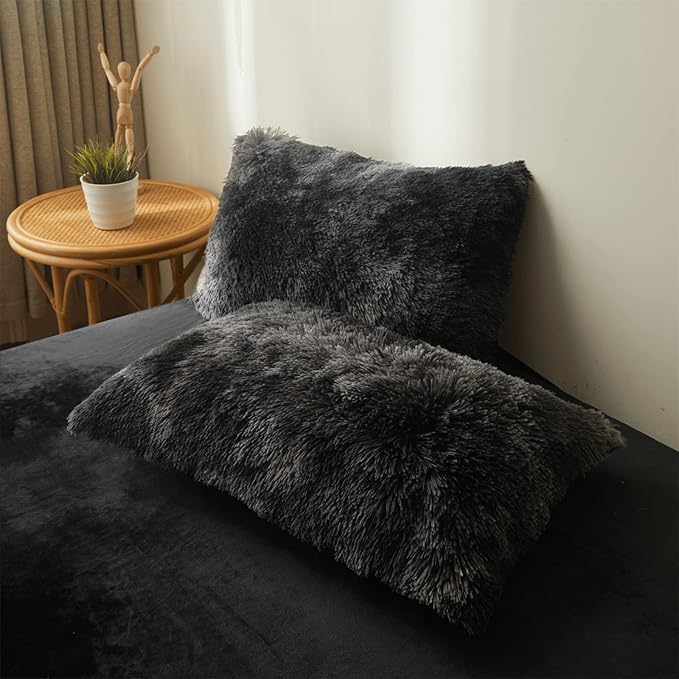 Tie dye Black Plush Fluffy Comforter Cover Set Queen - Ultra Soft Faux Fur tie dye Bedding Sets 3 Pieces (1 Shaggy Duvet Cover + 2 Pillow case) Black Fluffy Bed Set (Tie Dye Black, Queen)