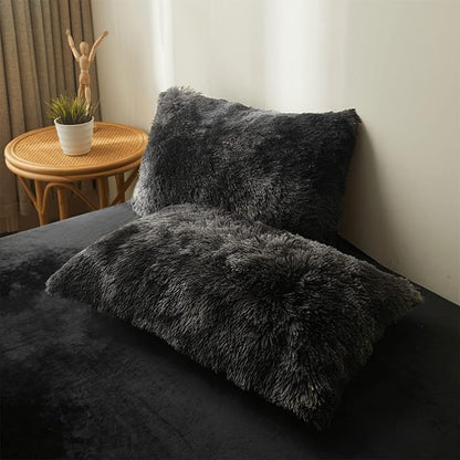 Tie dye Black Plush Fluffy Comforter Cover Set Queen - Ultra Soft Faux Fur tie dye Bedding Sets 3 Pieces (1 Shaggy Duvet Cover + 2 Pillow case) Black Fluffy Bed Set (Tie Dye Black, Queen)
