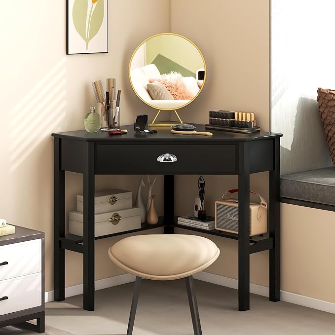 Nightcore Small, Wood Computer Desk, Compact Writing w/Drawer & Storage Shelves, Space Saving Study Workstation, Laptop PC Corner Table, Black