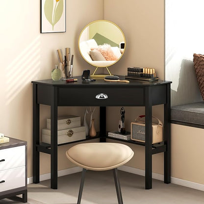 Nightcore Small, Wood Computer Desk, Compact Writing w/Drawer & Storage Shelves, Space Saving Study Workstation, Laptop PC Corner Table, Black