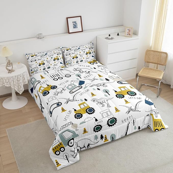 Feelyou Construction Comforter Set Queen Size Kids Cartoon Car Excavator Tractor Toddler Comforter Equipment Trucks Dinosaur Comforter Set Construction Vehicles White Yellow Duvet Set Quilt Set