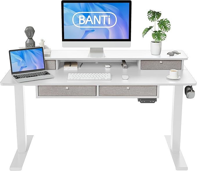 BANTI Height Adjustable Electric Standing Desk with 4 Drawers, 55 x 24 Inch Table with Storage Shelf, Sit Stand Desk, White Top