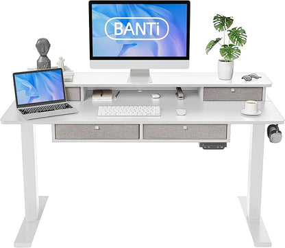 BANTI Height Adjustable Electric Standing Desk with 4 Drawers, 55 x 24 Inch Table with Storage Shelf, Sit Stand Desk, White Top