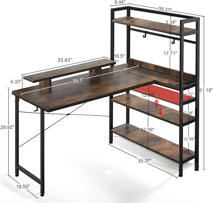 COMHOMA Gaming L Shaped Computer Desk, 55" Home Office Desk with Shelves, L Shape Computer Corner Desk with Charging Port, Gaming Table Power Outlet Build in, LED Writing Desk with Monitor Stand Brown