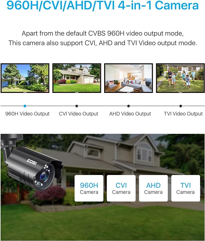 ZOSI 1080P CCTV Camera Outdoor Indoor Hybrid 4 in 1 HD TVI/CVI/AHD/CVBS Home Security Cameras System,Night Vision,Waterproof Metal Housing Bullet Cam For 960H,720P,1080P,5MP,4K analog Surveillance DVR