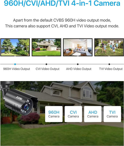 ZOSI 1080P CCTV Camera Outdoor Indoor Hybrid 4 in 1 HD TVI/CVI/AHD/CVBS Home Security Cameras System,Night Vision,Waterproof Metal Housing Bullet Cam For 960H,720P,1080P,5MP,4K analog Surveillance DVR