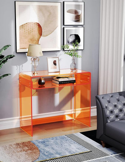Acrylic Desk Laptop Workstation Study Table Home Office Console Table Entrance Table Decor (Orange)