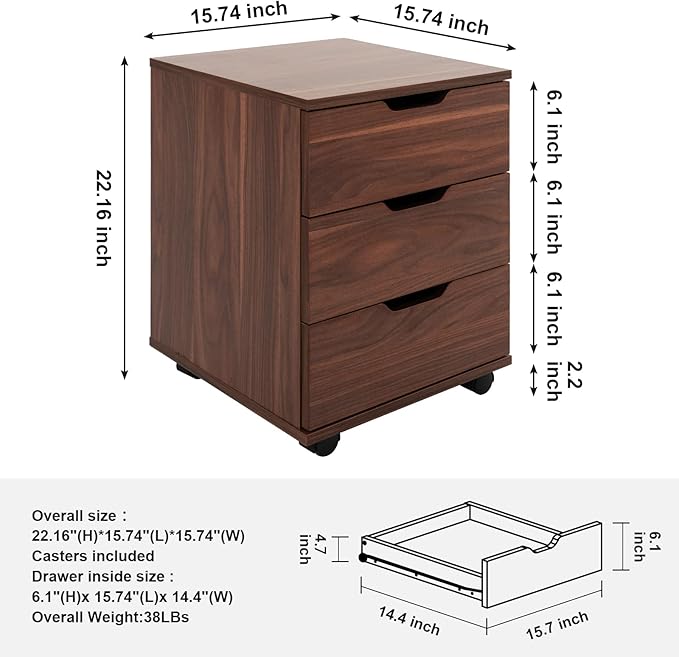Farini 3-Drawer Vertical Filing Cabinet Rolling Wood Mobile File Cabinets Under Desk for Home Office with Casters (Brown Walnut, Fully Assembled)